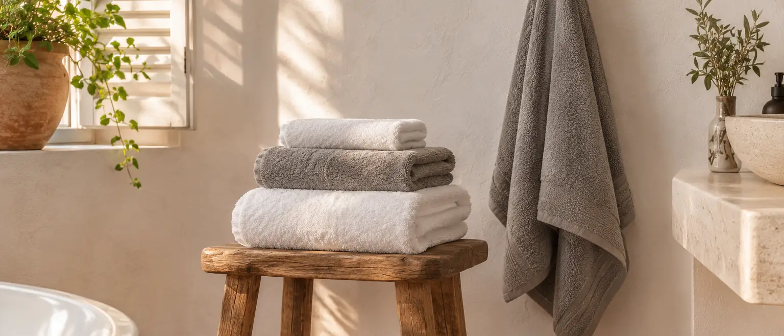 Toallas de rizo dobladas sobre un taburete de madera en un baño con suelo de barro